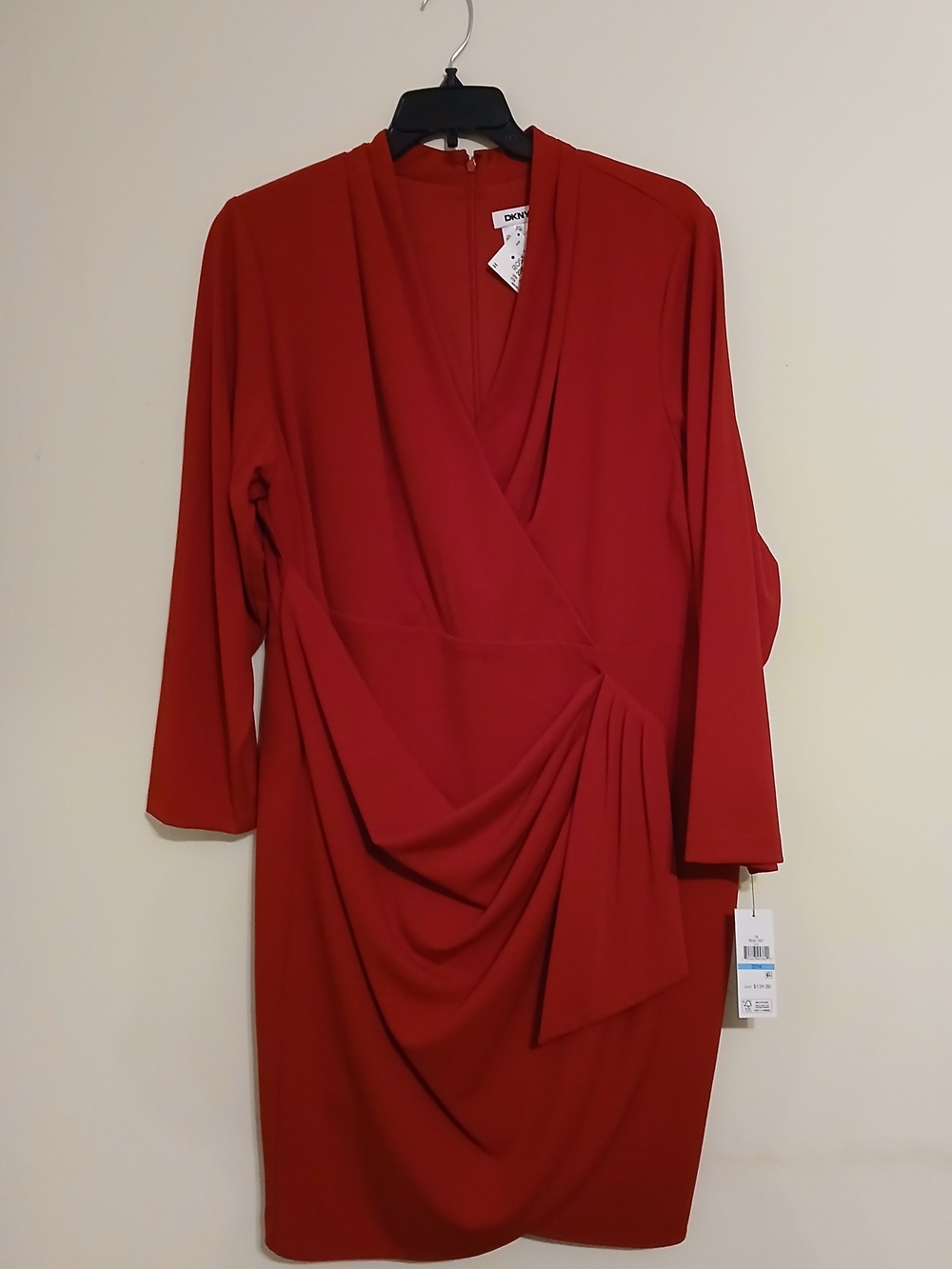 DKNY Brick Red Long Sleeve Draped Faux-Wrap Dress